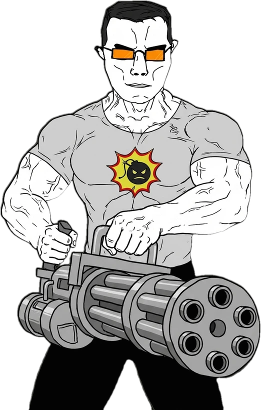 Soyrious Sam holding a minigun